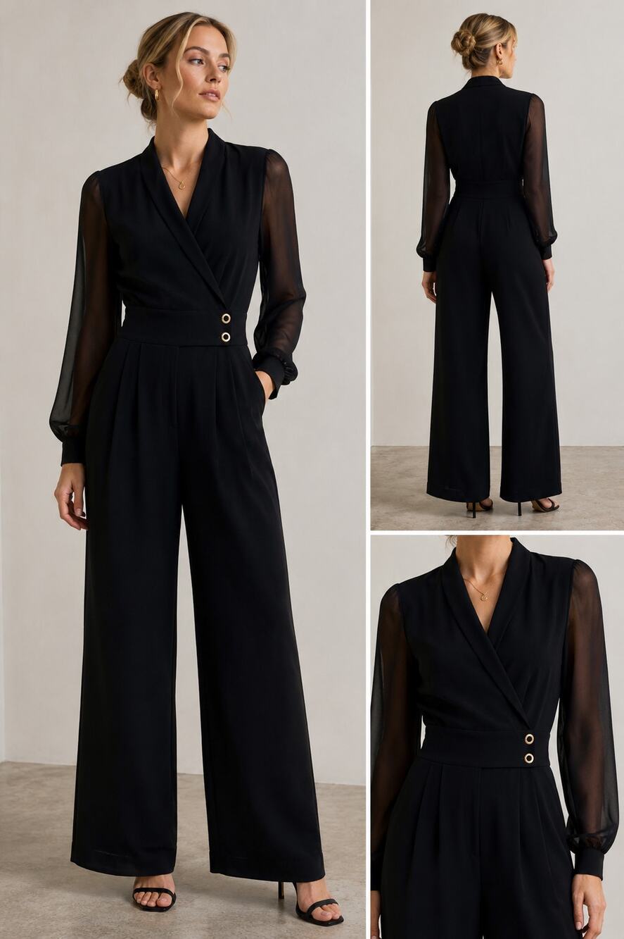 Vintage 80s Black Tuxedo Jumpsuit Sheer Sleeves Womens XS Evening Sophisticated